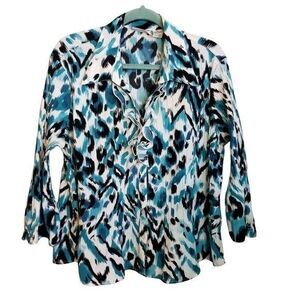 Apparenza Womens Sz XL Blue  Geometric 3/4 Sleeve Button Up Blouse
